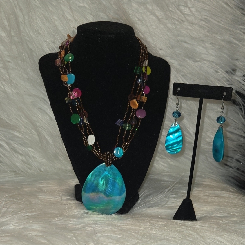 Turquoise and Brown Beaded Necklace and Earring Set
